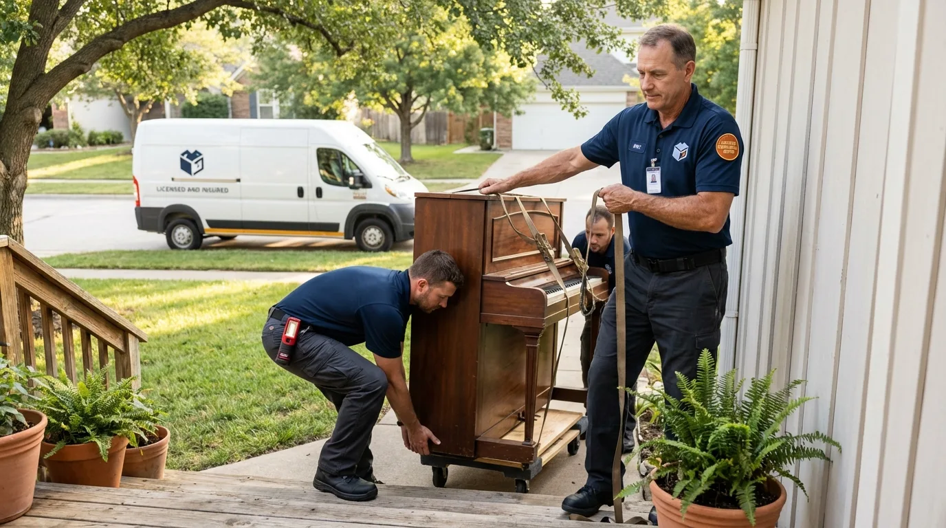 Licensed piano movers securing grand piano in Hamburg, NY