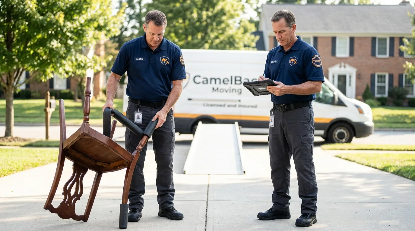 Movers inspecting furniture for damage prevention before loading in Hamburg, NY