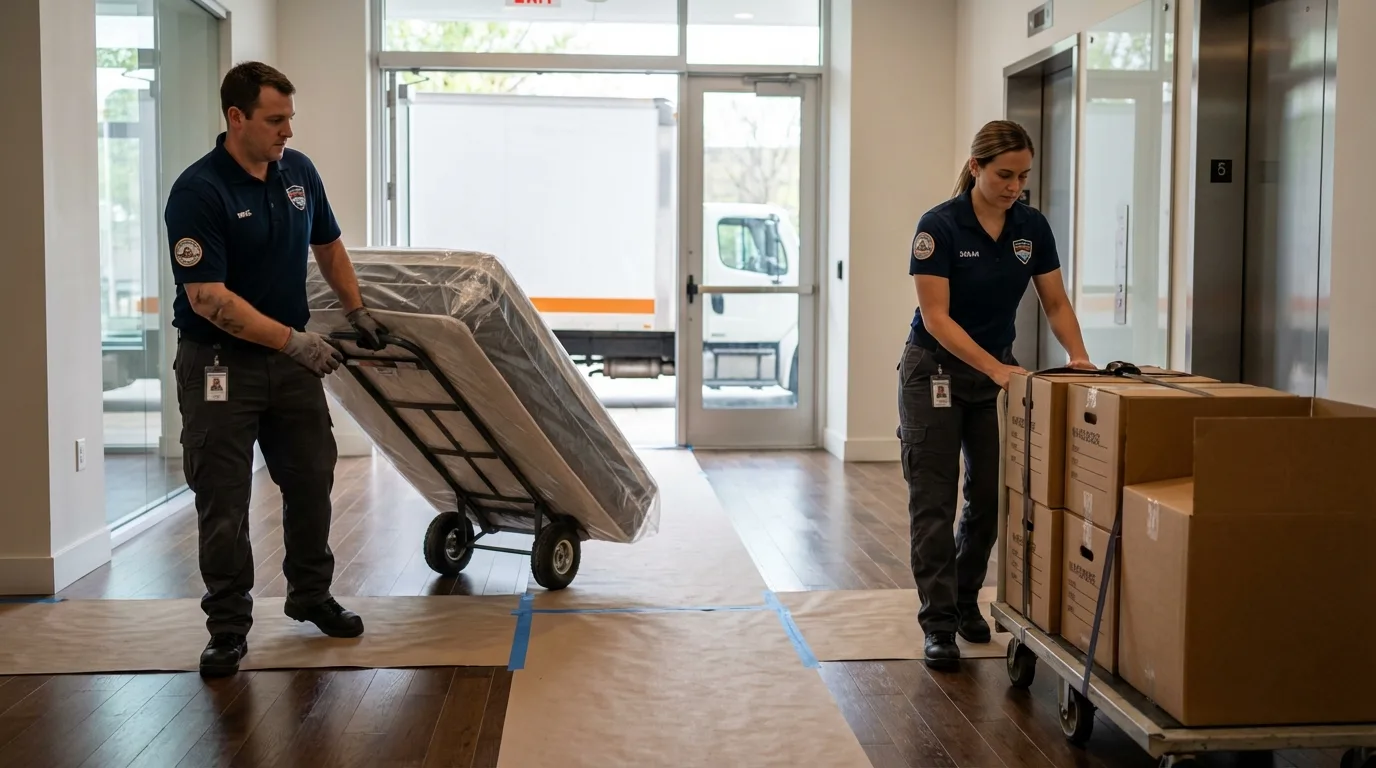 Professional apartment movers loading elevator in Hamburg, NY