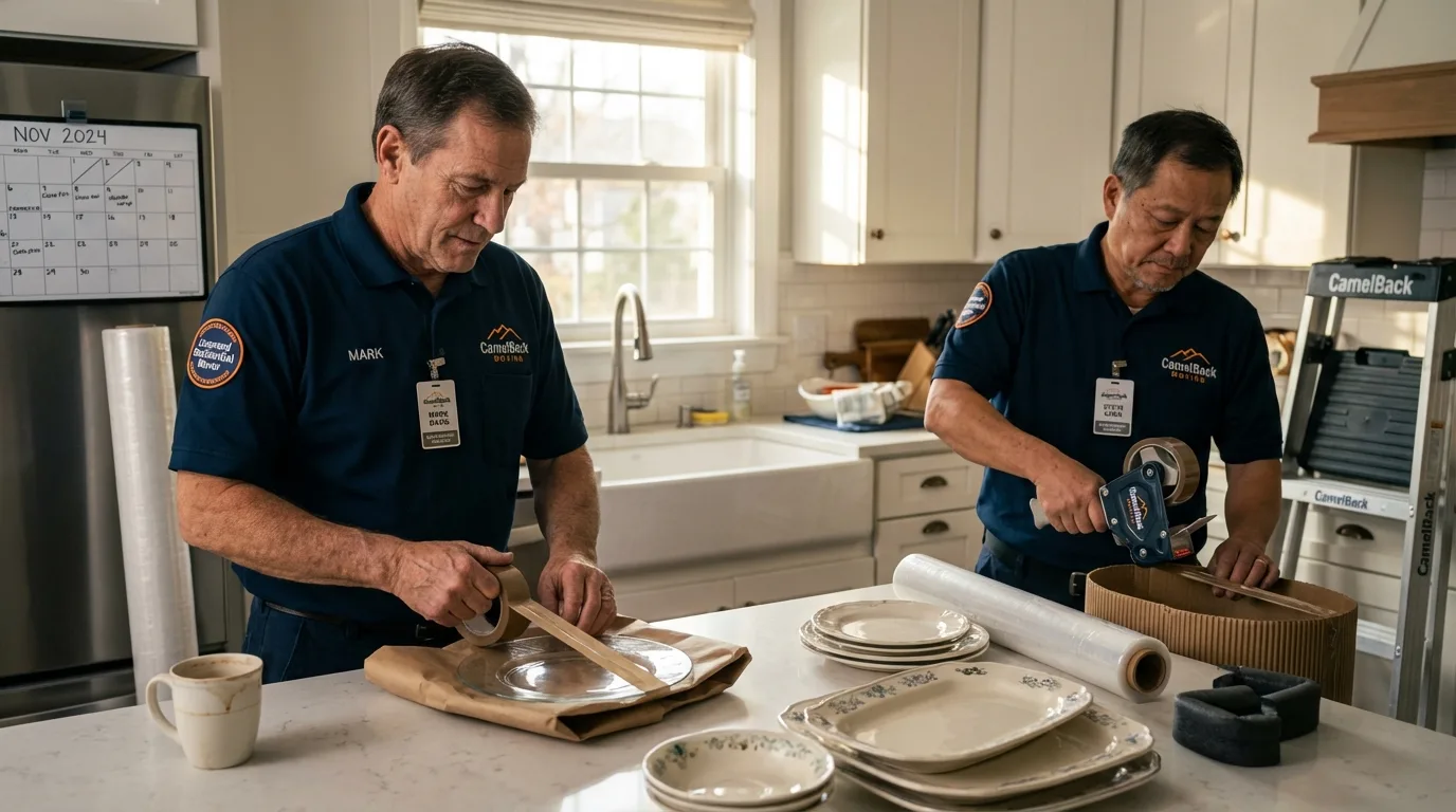 Professional crew packing kitchen dishware in Hamburg, NY